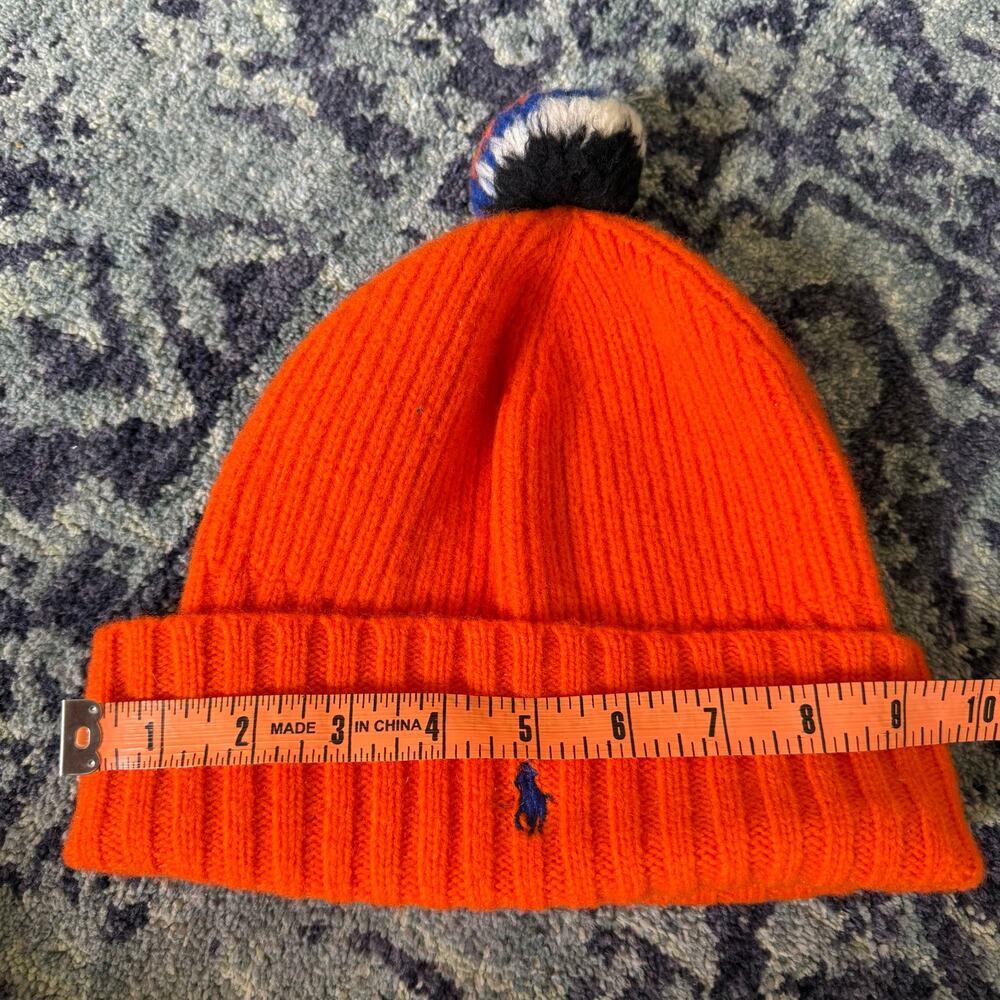 POLO Ralph Lauren Kid’s Wool Vibrant Orange Navy Blue Pony Graphic Pom Pom - Picture 6 of 7